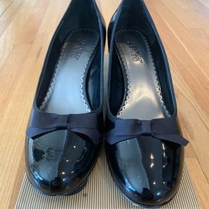 Franco Sarto black patent pumps